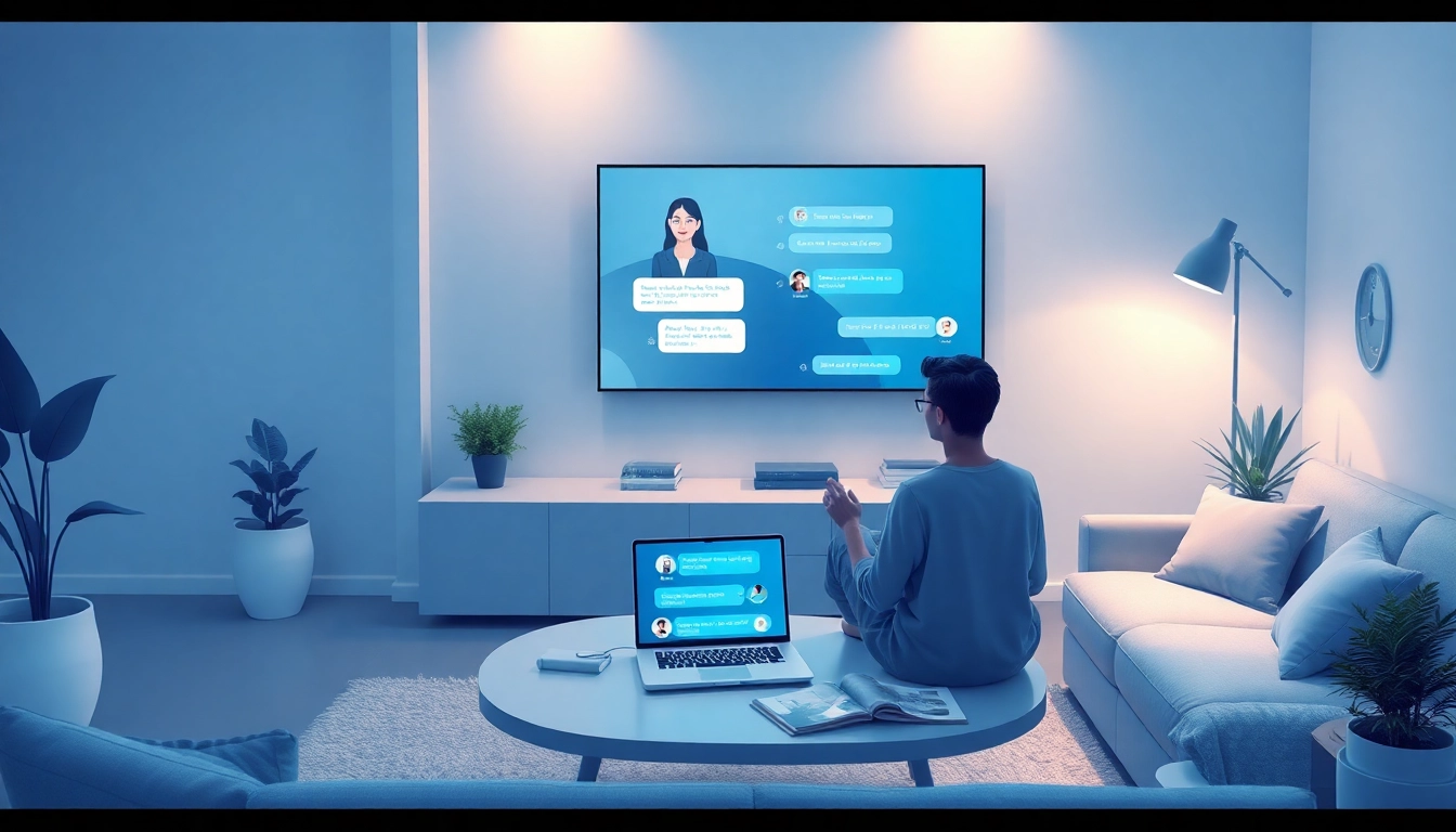 Engaging interaction with a girlfriend AI in a futuristic living room setting.