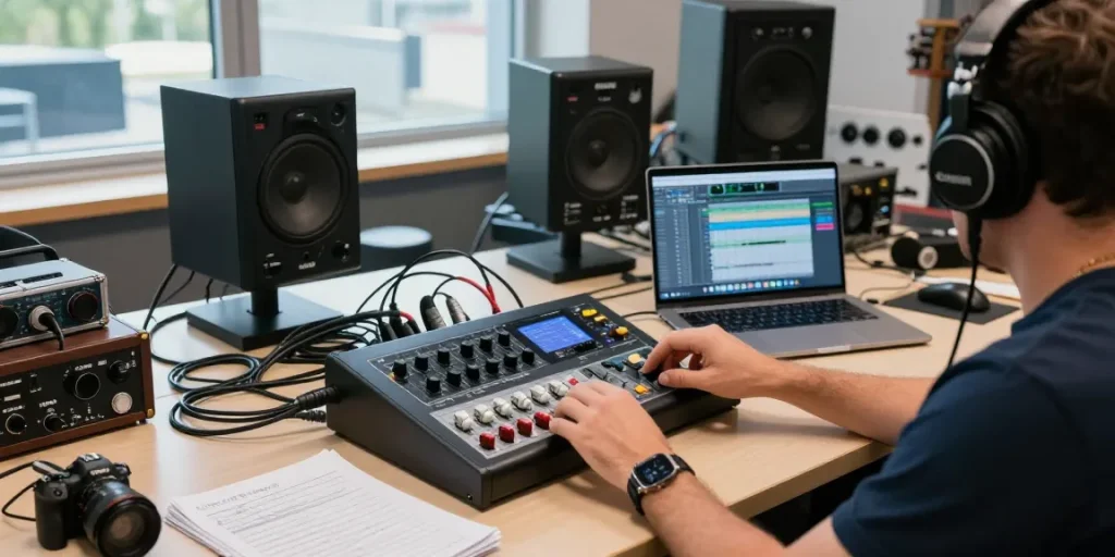 Engineer testing DA88 multitrack recorder in a bright audio studio.