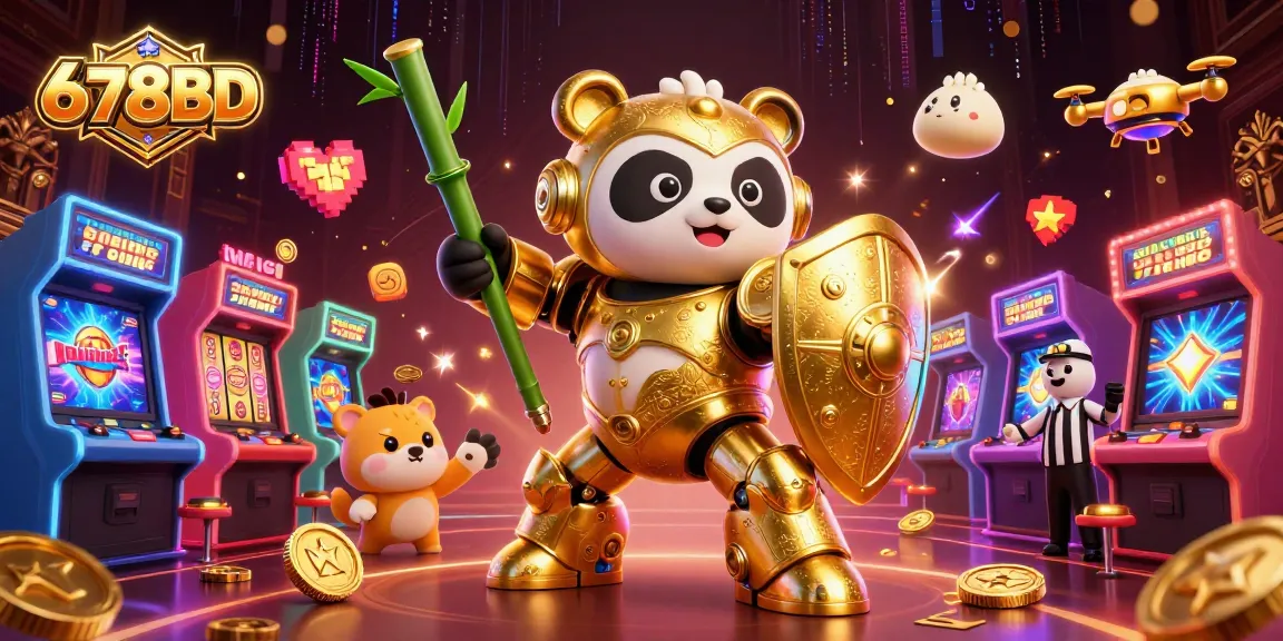 Engage with 678BD's dynamic live casino experience featuring a golden panda and a bamboo robot.