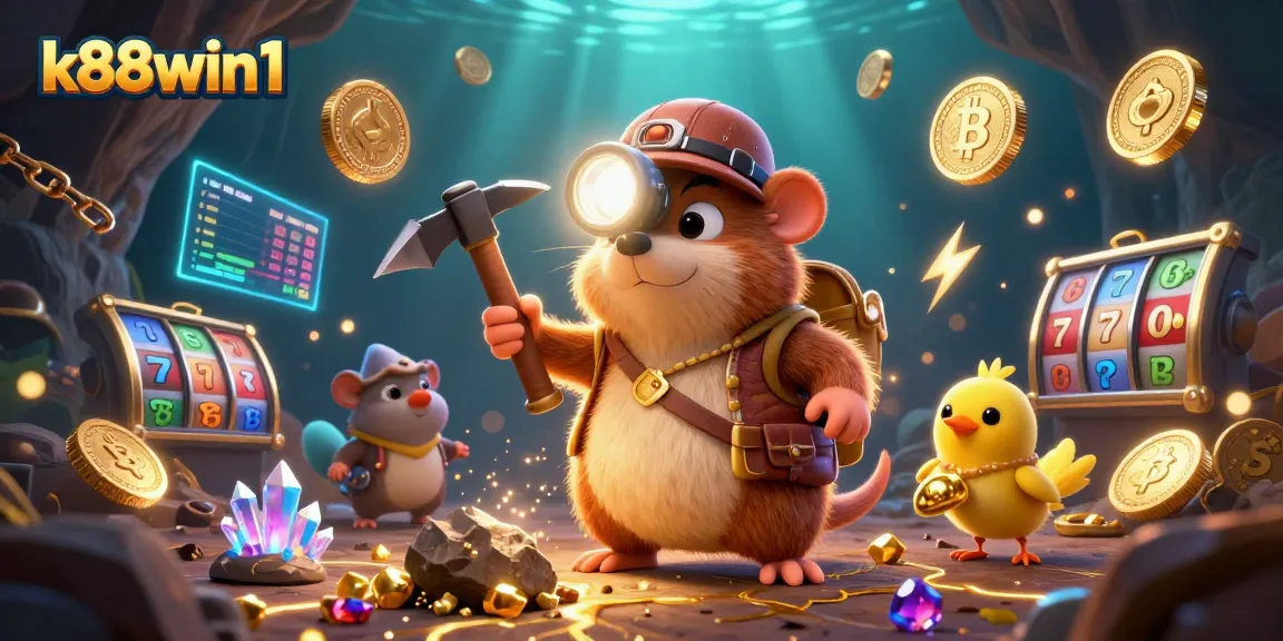 Engage in thrilling gameplay at k88win1, where a treasure hunter mole and canary explore a vibrant casino cave filled with jackpots and treasures.