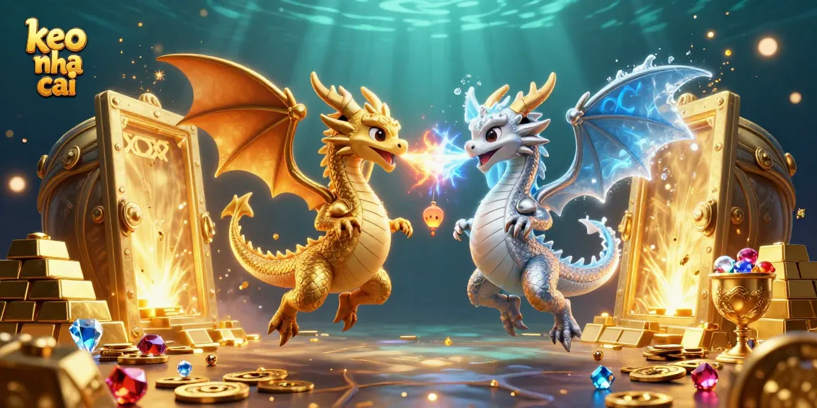 Experience the thrill of keo nha cai in this dynamic fantasy scene with gold and silver dragons.