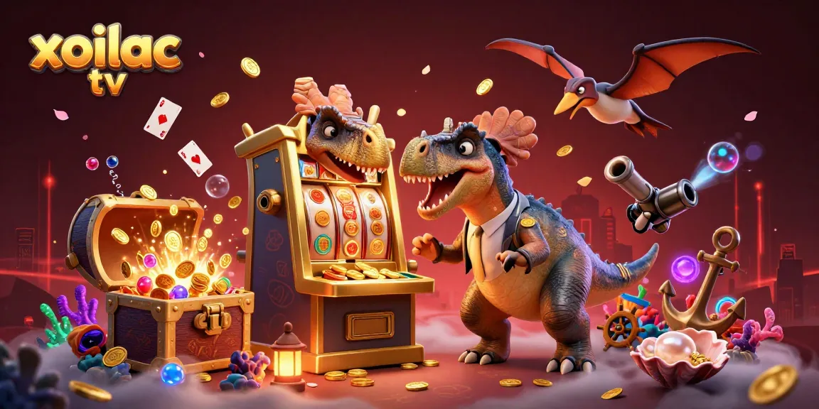 Xoilac TV showcases a thrilling cartoon scene with dinosaurs and winning slot machines, capturing the excitement of online gambling.