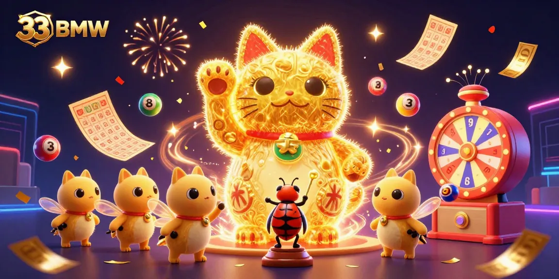 Experience the excitement of 33BMW through a 3D illustration featuring a golden cat and dynamic casino elements.