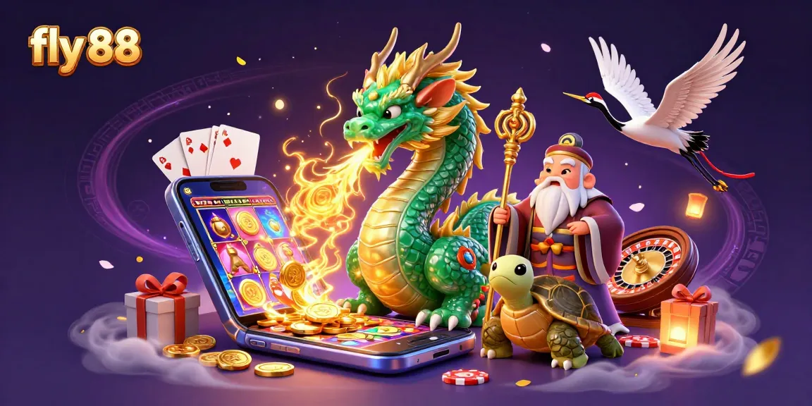 Experience exciting gaming adventures at fly 88 with a vibrant casino illustration featuring dragons and lucky elements.