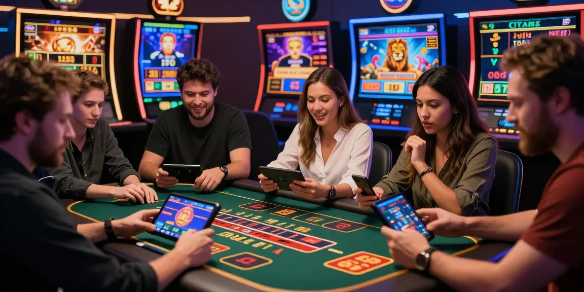 Excited players enjoying the Winbox website's mobile casino games with vibrant graphics and engaging atmosphere.