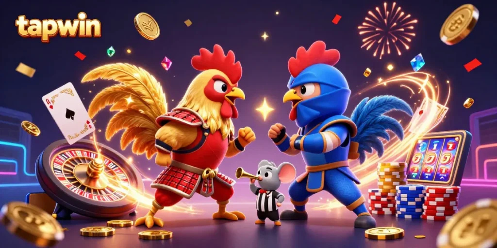 Tapwin offers exciting gameplay with fighting roosters, golden accents, and vibrant casino elements.