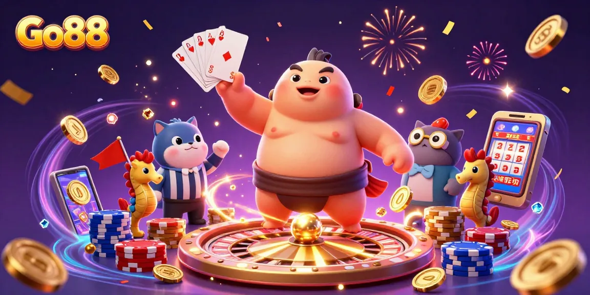 Go88's vibrant underwater casino scene featuring a blowfish sumo, catfish referee, and sparkling game elements.