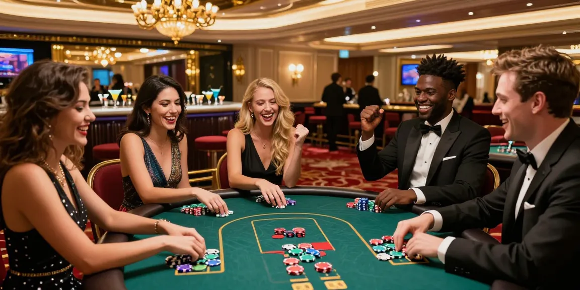 Celebrating friends at a poker table in a vibrant casino, showcasing iwin gaming experience.