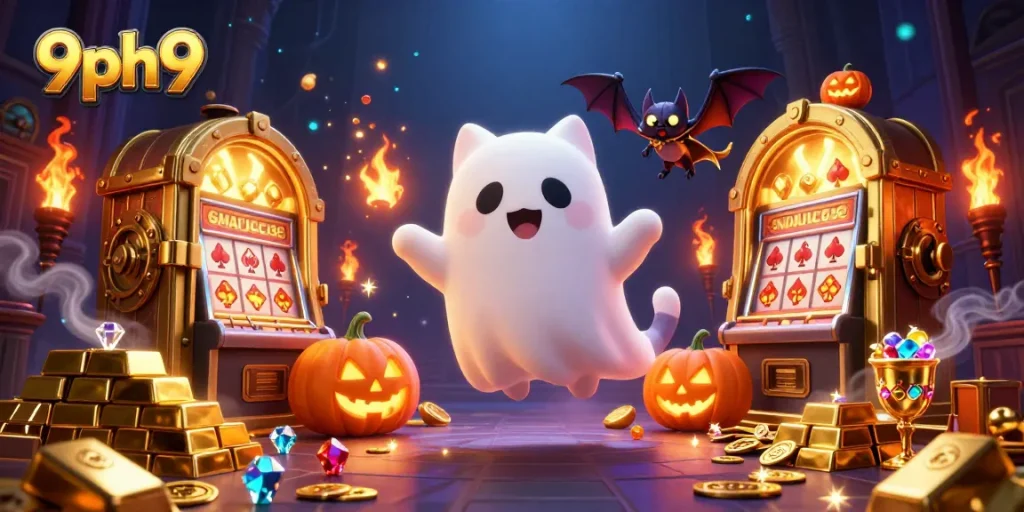 Capture the thrill of 9ph9 gaming with dynamic casino and ghostly characters in a vibrant haunted mansion.