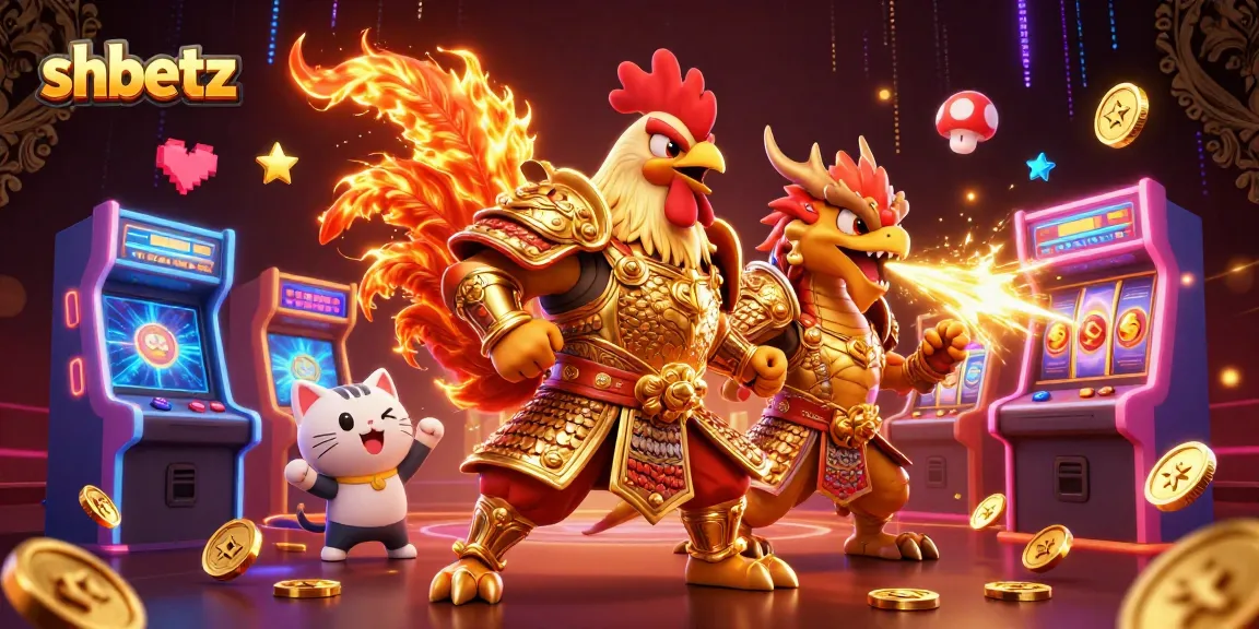 Engage in thrilling adventures at shbetz with a fantasy casino scene featuring a rooster warrior and dragon hatchling amidst vibrant game elements.