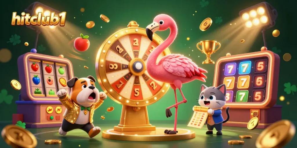 Join the excitement at hitclub1 as characters celebrate spinning the jackpot wheel with dynamic slot elements!