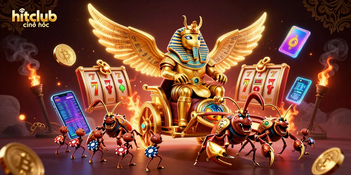 Engage with hitclub chính thức as a colossal golden scarab beetle and jewels illuminate the casino scene.