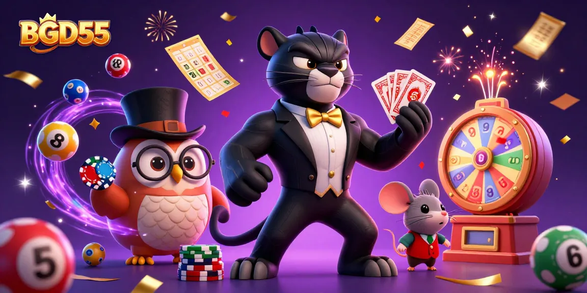 Engage with BGD55's dynamic casino scene featuring a panther dealer, owl, and lucky mouse.