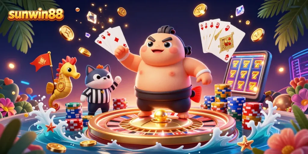 Experience the excitement of sunwin88 with a vibrant underwater casino scene featuring a fugu, catfish, and seahorses.
