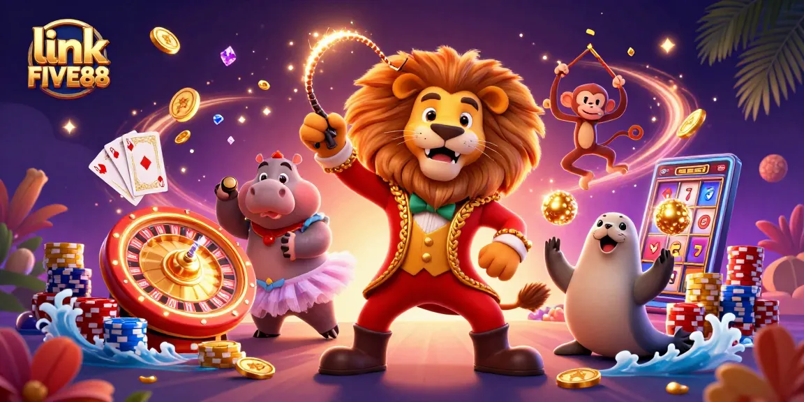 Experience thrilling entertainment with link FIVE88 in a vibrant casino-themed illustration.