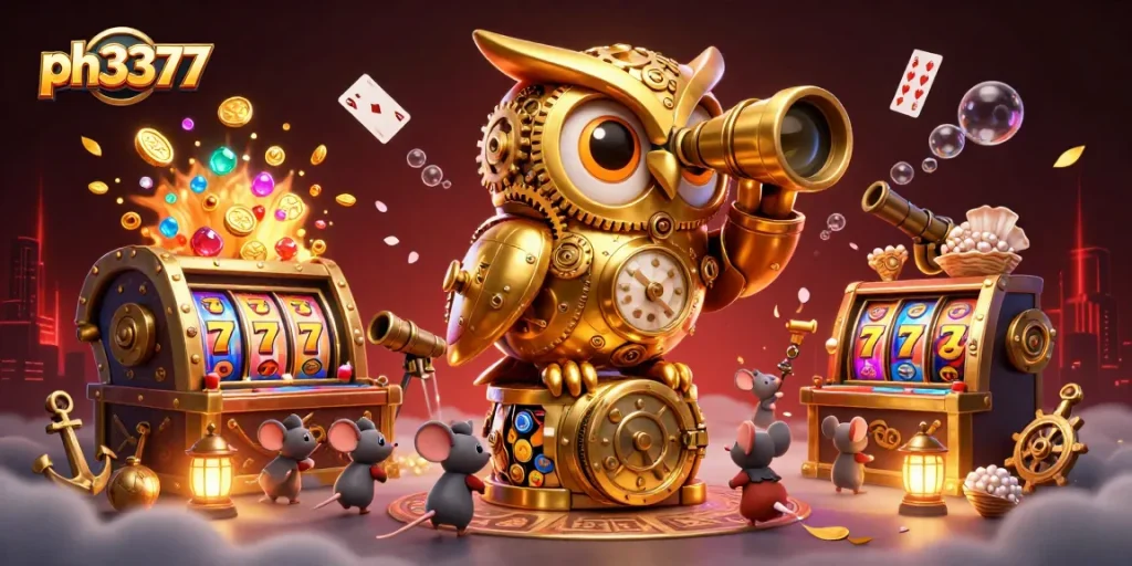 Engage in thrilling casino action at ph3377 with a vibrant 3D illustration of a golden owl and slot machines.