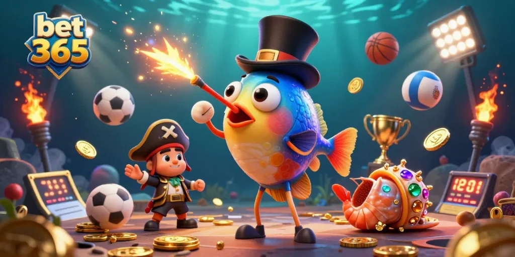 Bet 365 sports betting illustration showcasing fun characters amidst sports excitement.