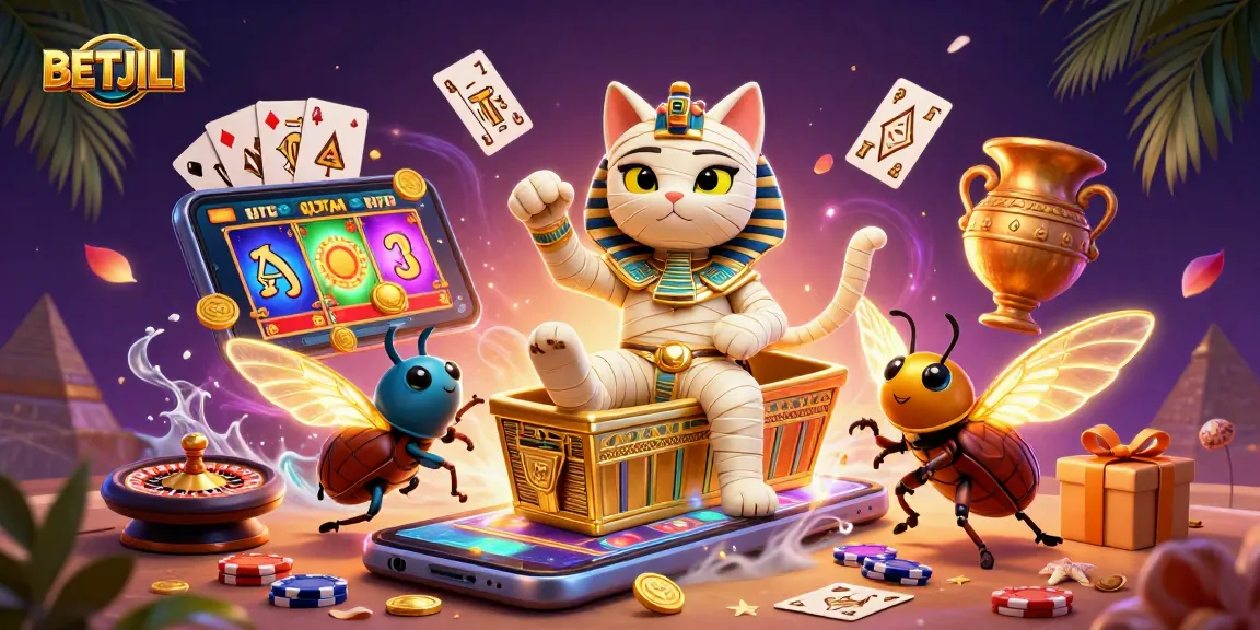 BETJILI: Experience vibrant online casino excitement with a cartoon mummy cat and captivating gaming elements.