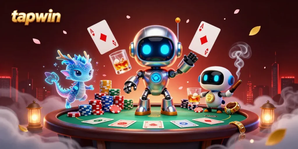 Experience tapwin's vibrant gaming world with a neon cyberpunk robot and poker chips.