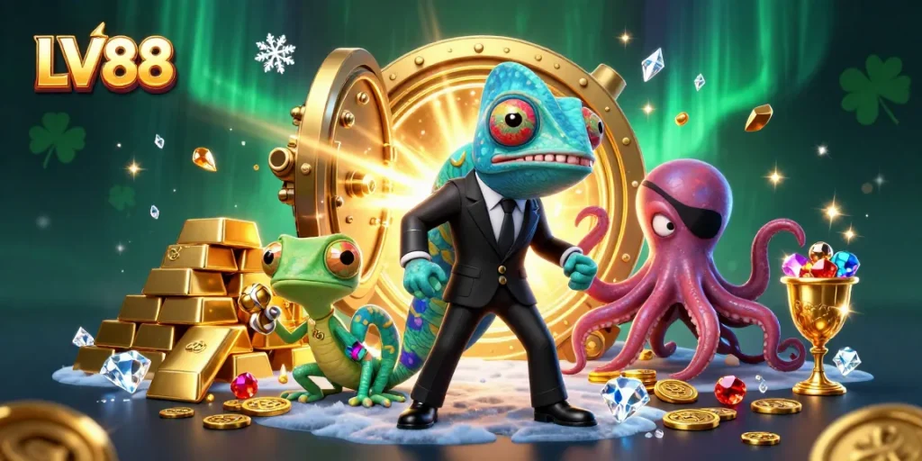 Win big at LV88 with the secret agent chameleon and colorful treasure scene!