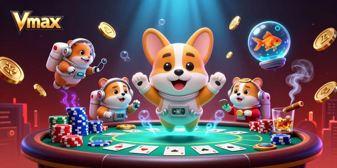 Engage with Vmax in this vibrant 3D illustration of a casino adventure featuring playful characters.