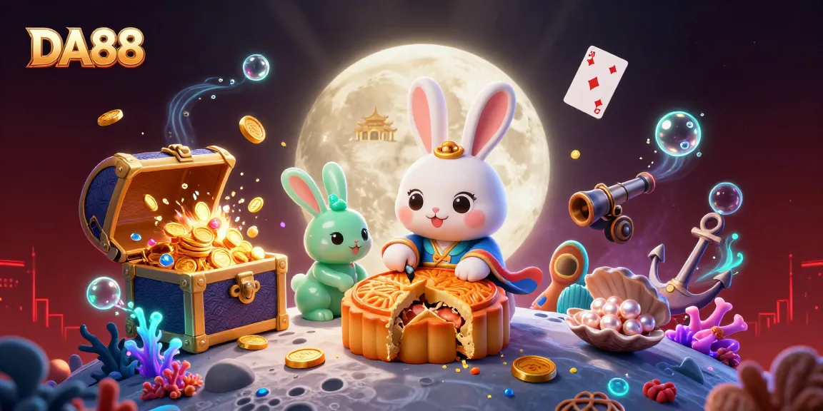 Play poker with DA88 and golden mooncakes in a vibrant casino illustration filled with treasures.