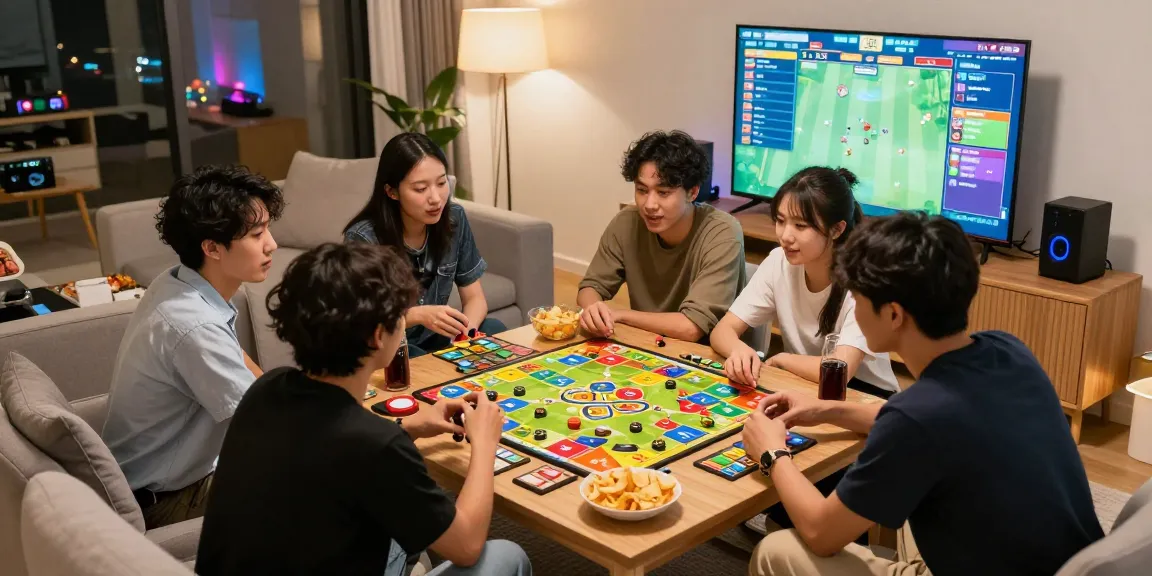 Group enjoying a vibrant game night with rikvip game elements, cozy atmosphere.