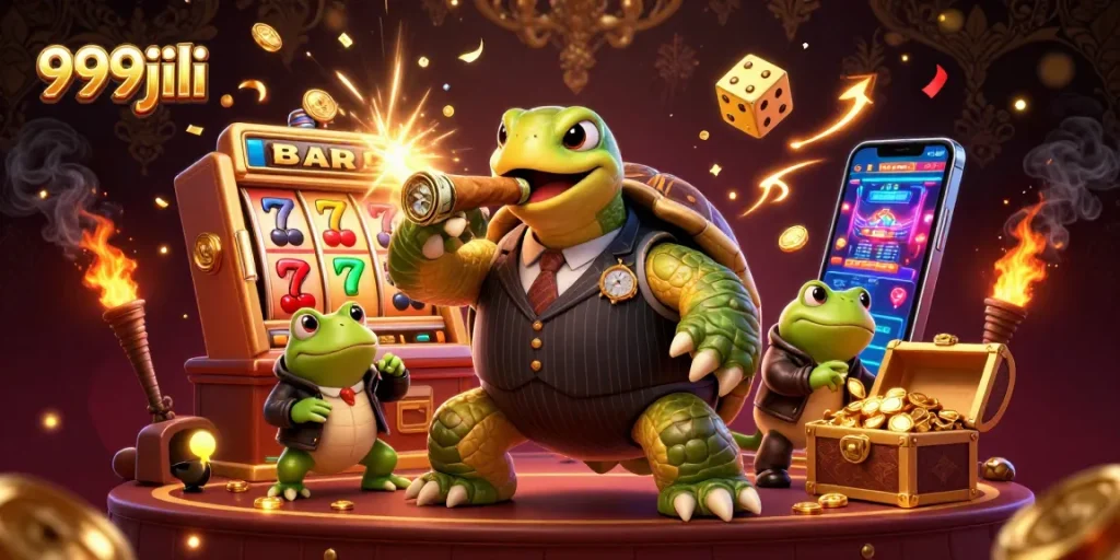 Win big at 999jili with a vibrant 3D illustration featuring casino-themed characters and elements.