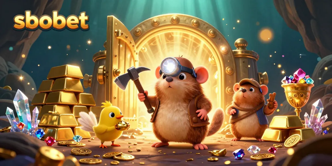 SBOBET betting scene with a mole and canary exploring treasure in a vibrant casino cave.