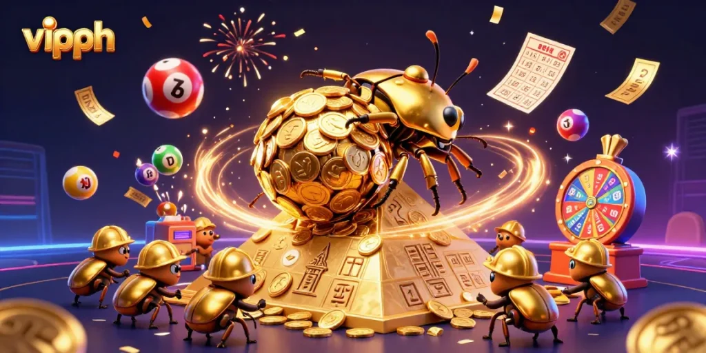 Engage with vipph's vibrant lottery and gaming activities illustrated through dynamic gold beetles, confetti, and colorful balls.