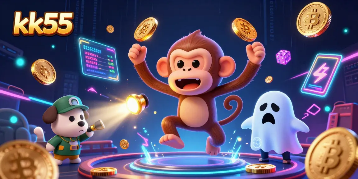 Engage in thrilling gameplay at kk55 with an energetic illustration of a mischievous poltergeist monkey and a ghost-hunter puppy.