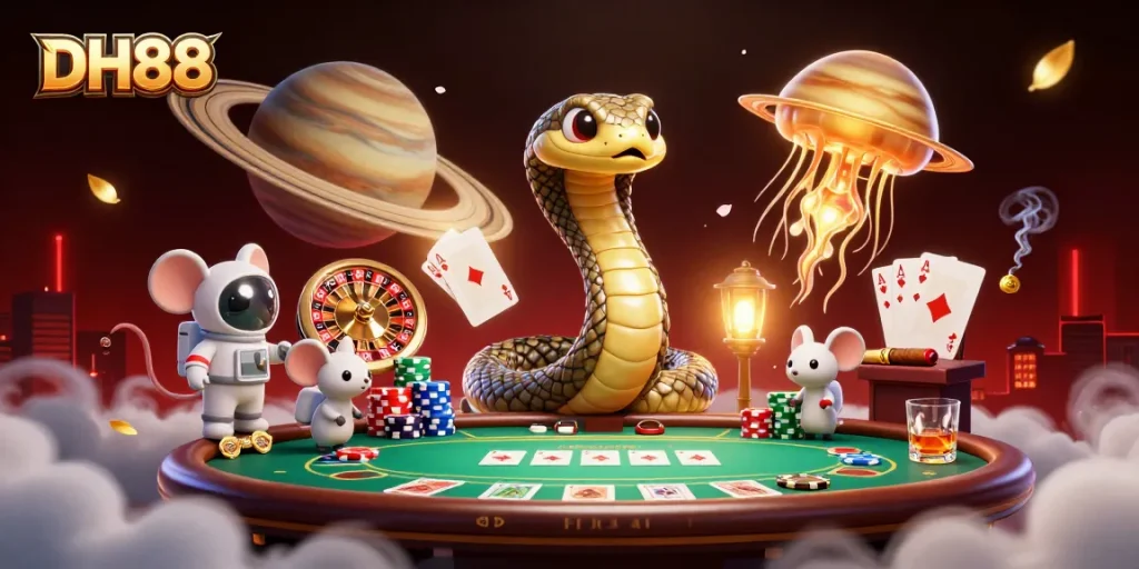 Place bets on DH88 while a cosmic dealer and playful mice create a vibrant casino atmosphere.