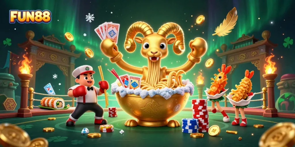 Engage in thrilling gameplay with FUN88, featuring dynamic casino characters battling it out in an enchanting arena.