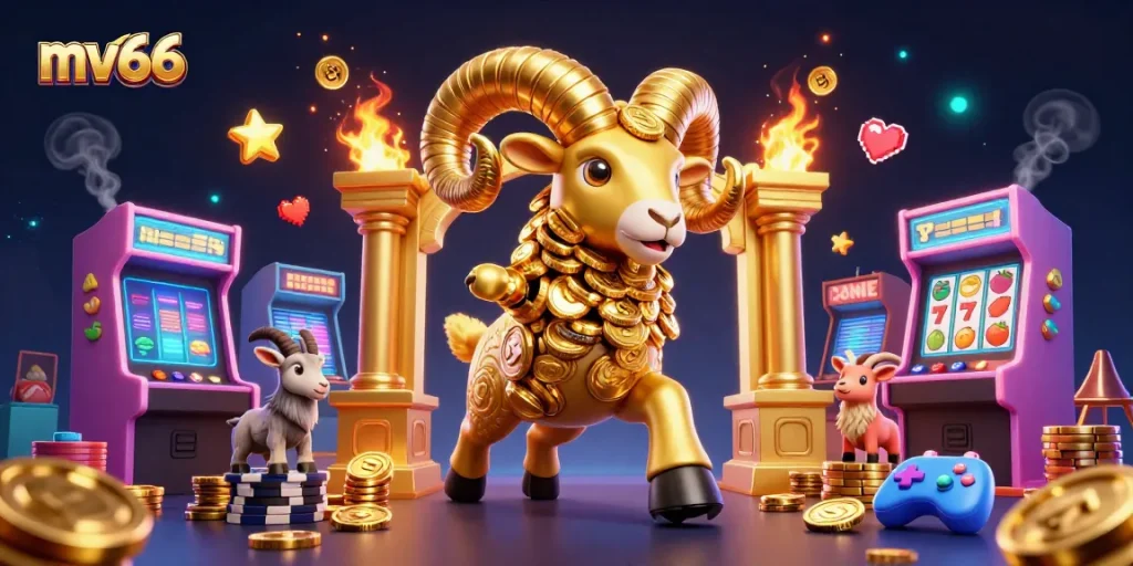 Experience excitement at mv66 with a dynamic 3D illustration of vibrant gaming elements and a golden ram.