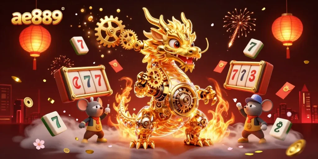 Bet on big wins at ae889 with a vibrant scene featuring a biomechanical dragon amidst gaming elements.