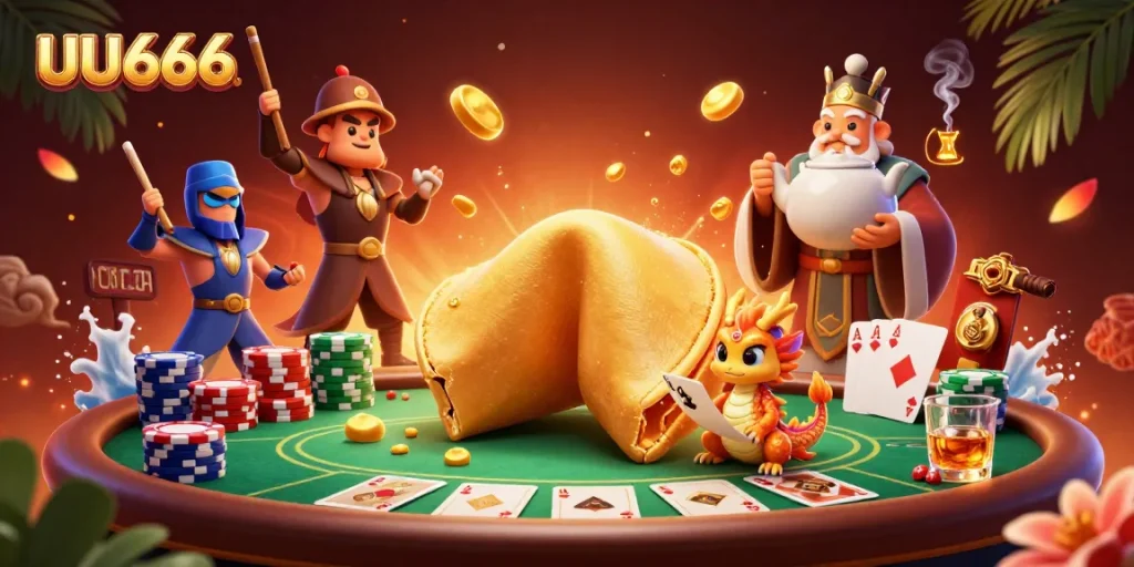Engage with UU666's vibrant 3D scene featuring a golden fortune cookie and poker excitement.