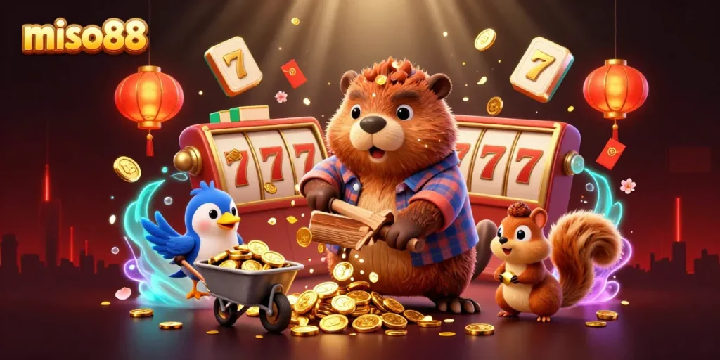 Experience vibrant winnings at miso88 with a 3D cartoon beaver celebrating casino success.