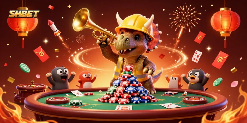 Celebrate winning strategies at SHBET with lively 3D casino characters amid poker game excitement.