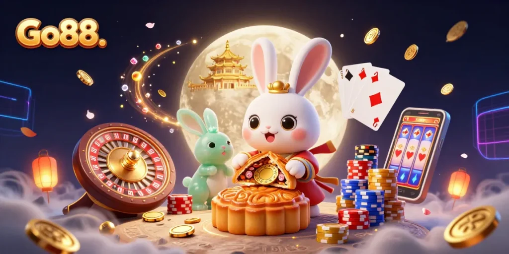Play poker and win at Go88. A moon rabbit reveals golden poker chips on a lunar jackpot.