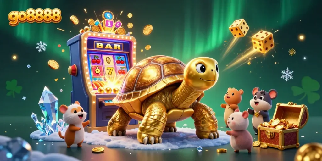 Experience the excitement of go8888 with a colossal tortoise in a vibrant casino world