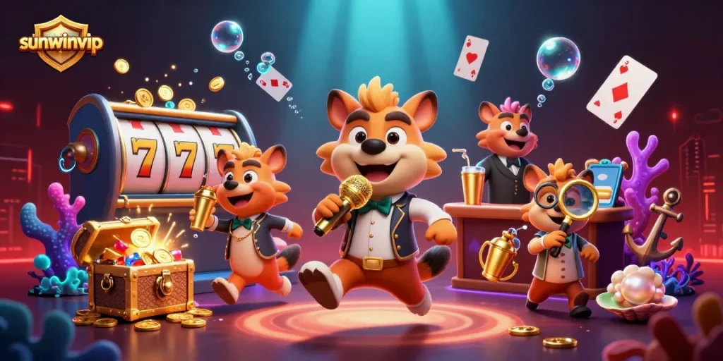 Bet on dynamic games at sunwinvip with a vibrant hyena casino club scene featuring comedians and bartenders.