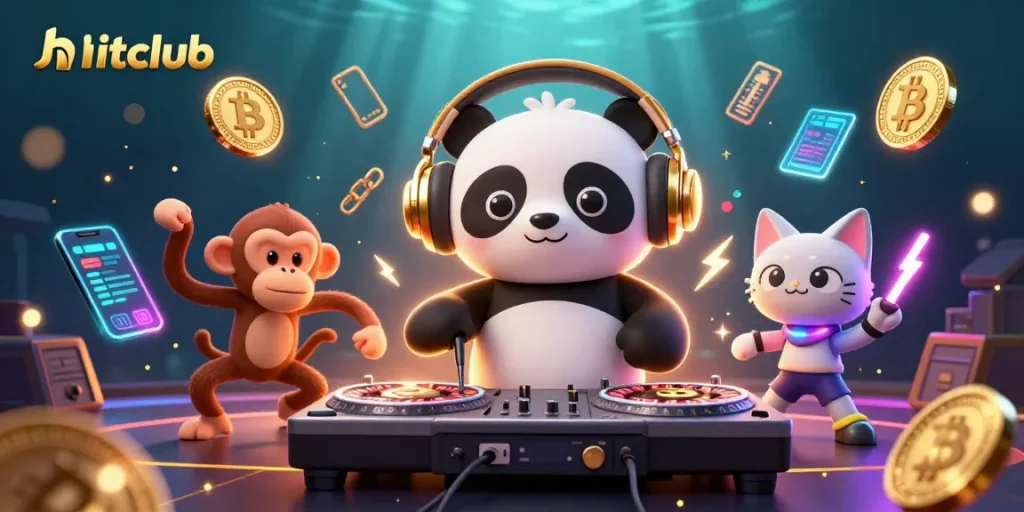Engage with hitclub's vibrant 3D cartoon characters showcasing a lively casino atmosphere filled with illuminating crypto elements.